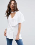 Asos T-shirt With Cut Out Plunge & Ruffle Detail - White