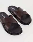 Red Tape Cross Strap Slides In Brown Leather
