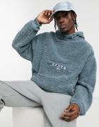 Asos Design Oversized Funnel Neck Hoodie In Rusty Metal Gray Teddy Borg With Kyoto Embroidery-grey