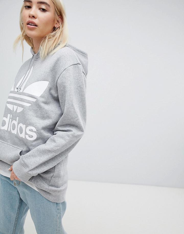 Adidas Originals Oversized Trefoil Logo Hoodie In Gray - Gray