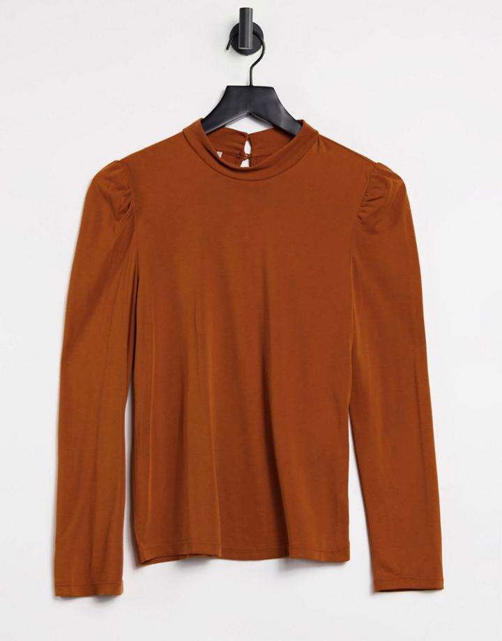 Only Puff Shoulder Detail Ribbed Top In Burnt Orange
