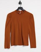Only Puff Shoulder Detail Ribbed Top In Burnt Orange