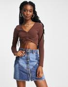 Asos Design Fitted Top With Ruched Front With Long Sleeve-brown