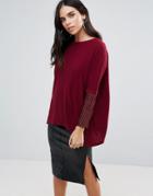 Traffic People Light Knit Sweater With Contrast Sleeves - Red