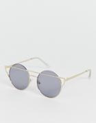 Asos Design Metal Round Sunglasses In Gold With Smoke Lens And Angled Brow Detail - Gold