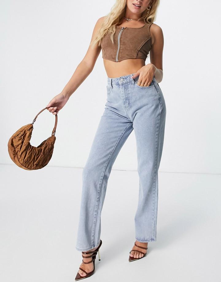 In The Style X Olivia Bowen Straight Leg Jean In Light Blue Wash-blues