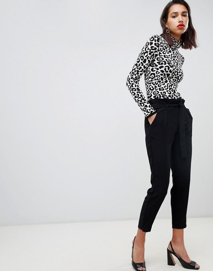 River Island Tapered Pants With Tie Waist In Black