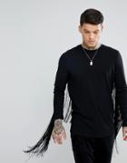 Asos Longline Long Sleeve T-shirt With Extreme Fringe Back - Black