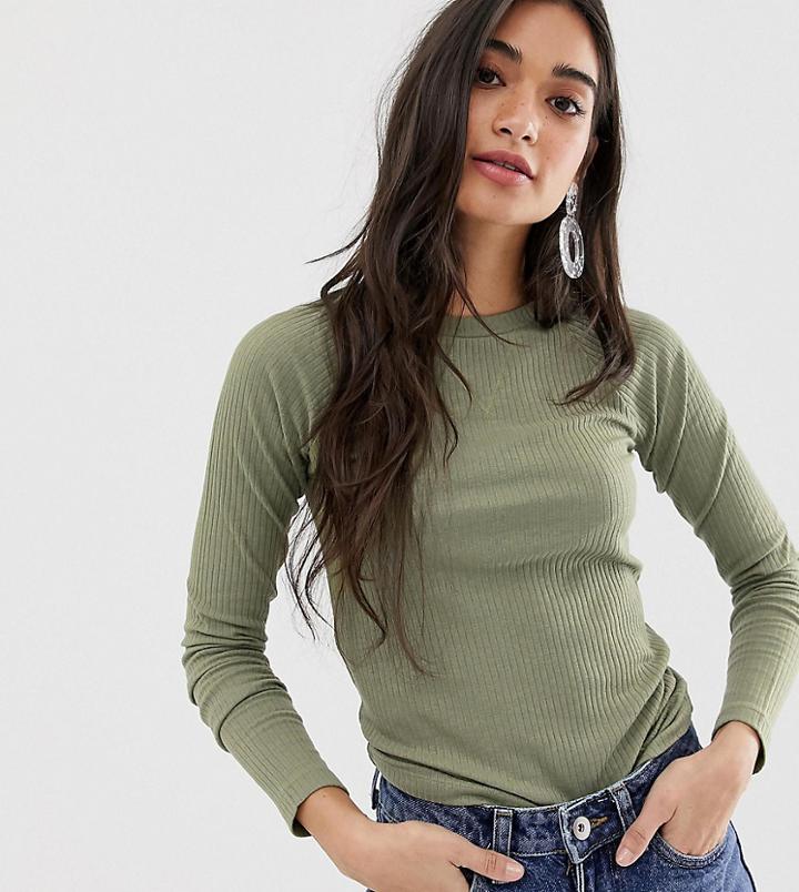 Brave Soul Petite Selina Long Sleeve Top In Rib - Green