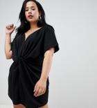 Boohoo Plus Twist Front Kimono Sleeve Mini Dress In Black - Black