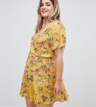 Brave Soul Plus Belle Floral Print Wrap Dress - Yellow