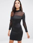 Ax Paris Long Sleeve Bodycon Midi Dress With Mesh Inserts - Black