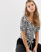 Qed London Button Through Tie Front Top In Leopard Print-multi