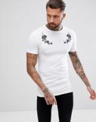 Asos Design Muscle Longline T-shirt With Rose Embroidery - White