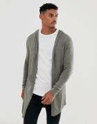 Asos Design Hooded Open Cardigan With Curved Hem In Khaki
