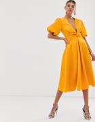 Asos Design Bubble Sleeve Twist Detail Midi Prom Dress - Yellow