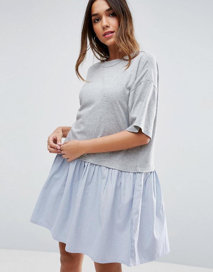 Asos T-shirt Smock Dress With Woven Frill Hem - Gray