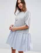 Asos T-shirt Smock Dress With Woven Frill Hem - Gray