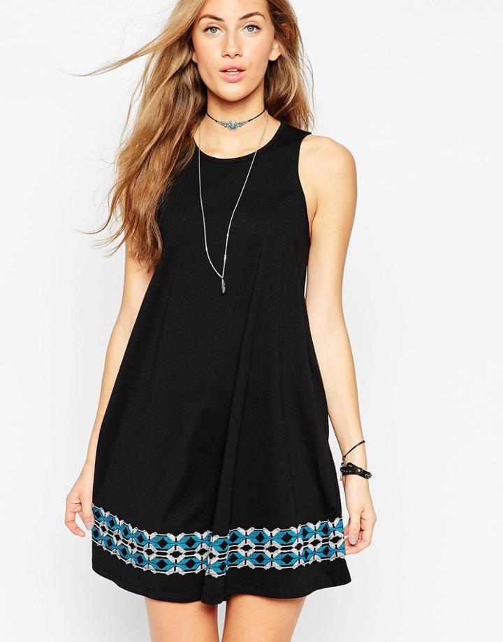 Asos Swing Dress With Embroidered Tape Swing Dress - Black