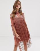 Asos Design Mini Dress With Embroidery And Fringe - Pink