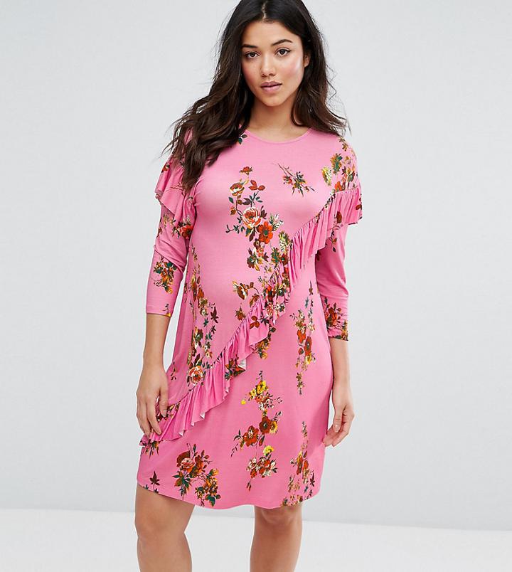 Asos Maternity Mini T-shirt Dress With Frill And Low Back In Floral Print - Multi