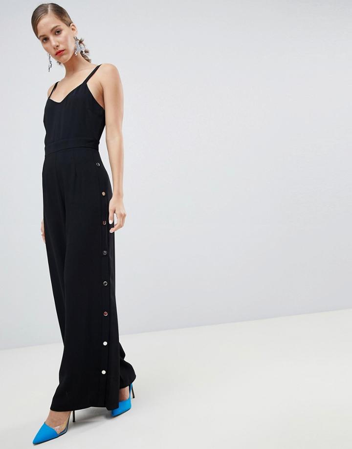 River Island Popper Detail Cami Jumpsuit In Black