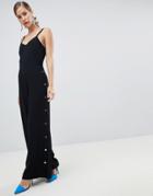 River Island Popper Detail Cami Jumpsuit In Black