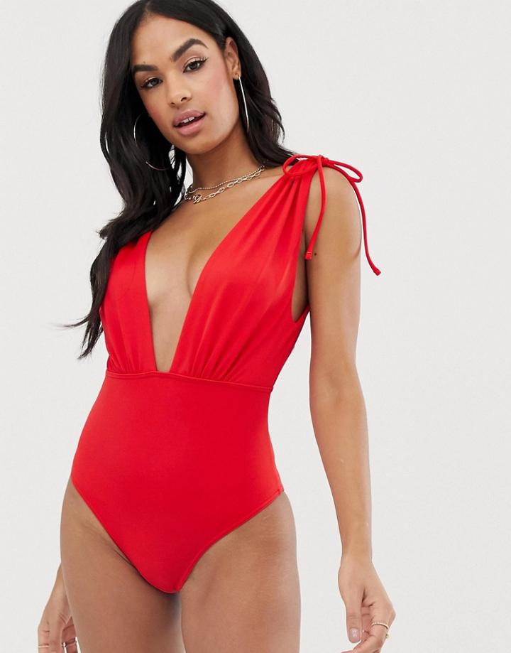 Asos Design Recycled Ruched Shoulder Plunge Swimsuit In Red - Red