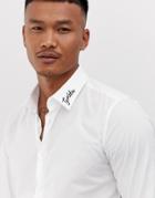 Devils Advocate Slim Fit Embroidered Collar Golden Shirt - White