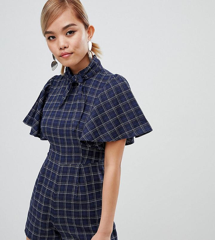 Fashion Union Petite High Neck Romper In Check - Blue