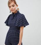 Fashion Union Petite High Neck Romper In Check - Blue