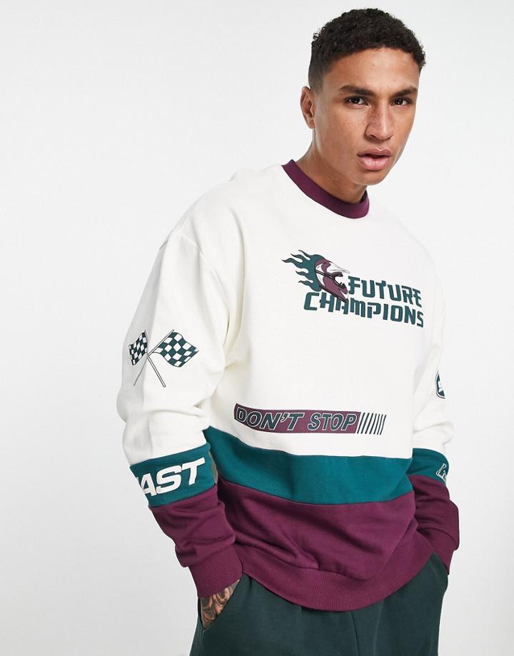 Asos Design Oversized Sweatshirt In White & Burgundy Color Block With Multiplacement Print