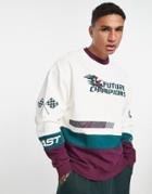 Asos Design Oversized Sweatshirt In White & Burgundy Color Block With Multiplacement Print