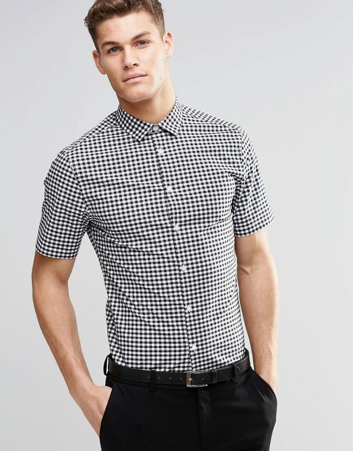 Asos Skinny Shirt In Black Gingham Check With Short Sleeves - Black