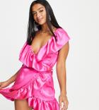 John Zack Petite Frill Plunge Front Mini Dress In Fuchsia-orange