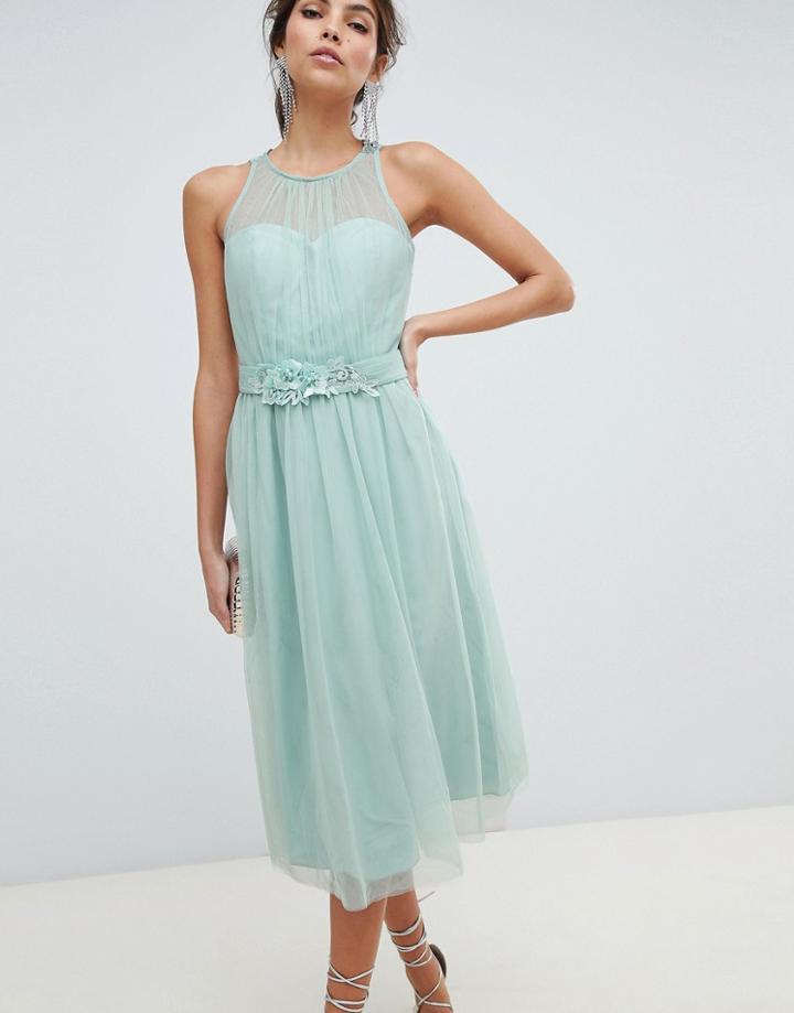 Little Mistress Floral Beadworkd Applique Mesh Prom Dress With Sheer Lace - Green