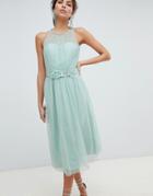 Little Mistress Floral Beadworkd Applique Mesh Prom Dress With Sheer Lace - Green