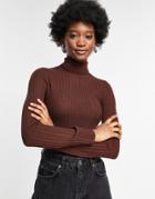 Asos Design Ribbed Roll Neck Sweater In Brown