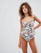 Asos Girly Tropical Frill Gathered Swimsuit - Multi