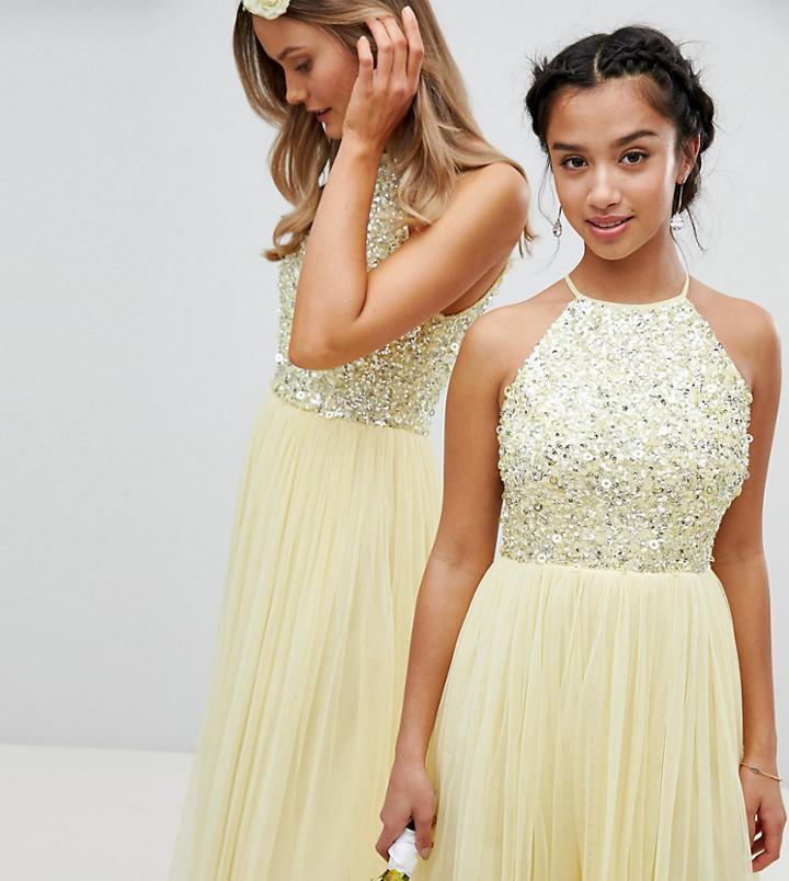 Maya Petite Halterneck Delicate Sequin Detail Tulle Mini Dress - Yellow