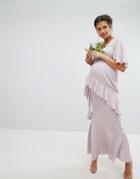 Asos Design Maternity Wedding Ruffle Flutter Sleeve Maxi Dress With Embellished Belt - Pink