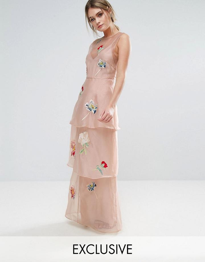 Hope & Ivy Tiered Maxi Dress With Floral Embroidery - Pink