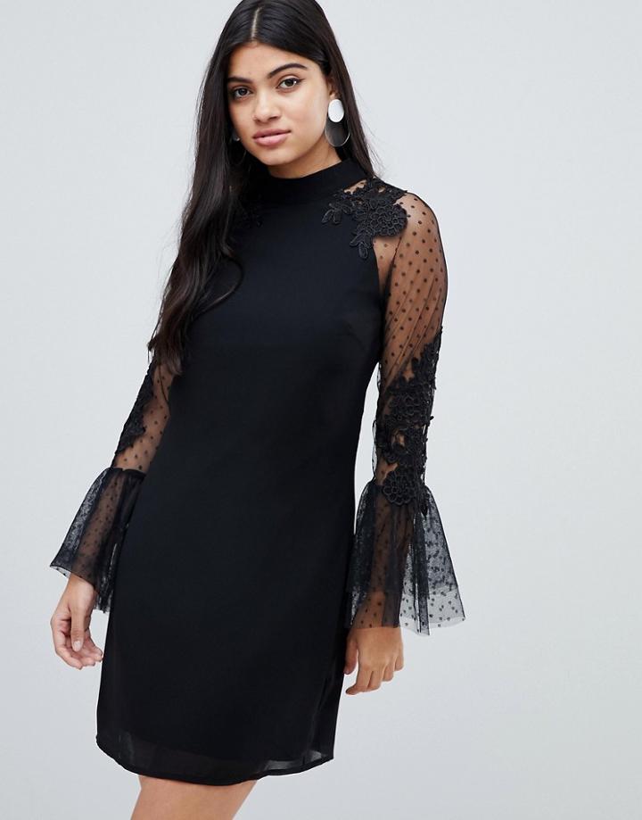Little Mistress High Neck Shift Dress With Floral Applique And Flited Sleeves - Black