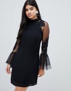 Little Mistress High Neck Shift Dress With Floral Applique And Flited Sleeves - Black