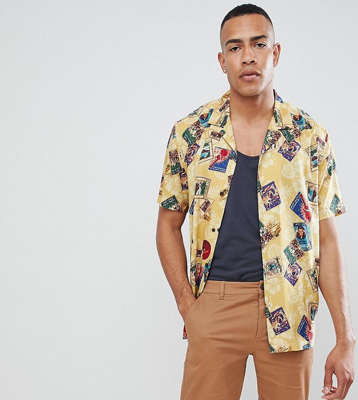 Asos Design Tall Oversized Viscose Postcard Print Shirt With Revere Collar - Yellow