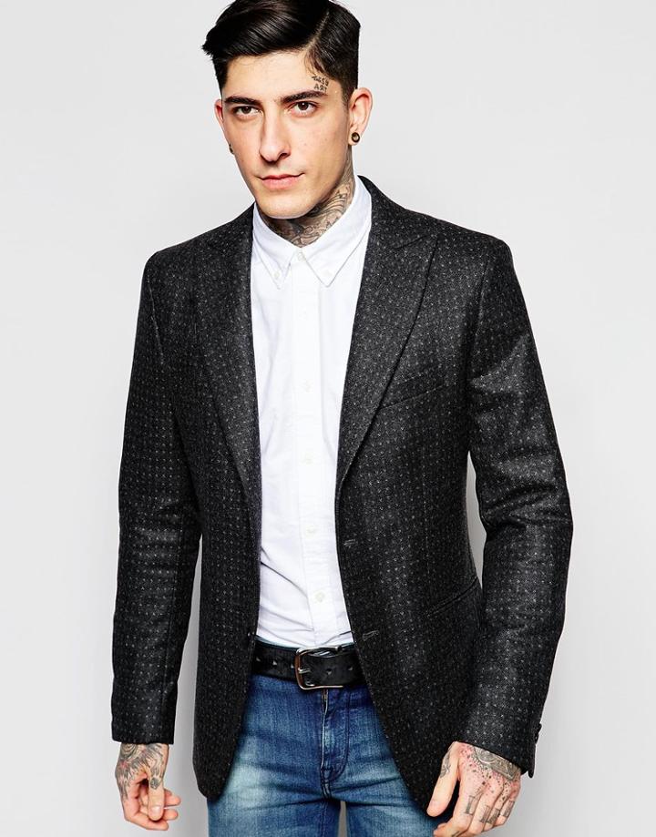 Sisley Tweed Suit Jacket In Slim Fit - Black