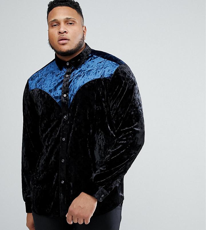 Asos Plus Regular Fit Crushed Velvet Western Shirt - Black