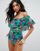 South Beach Bardot Frill Swimsuit In Tropical Palm Print - Multi