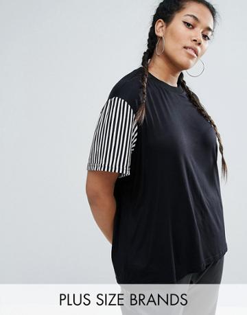 One One Three Longline Jersey Tee With Striped Sleeves - Black