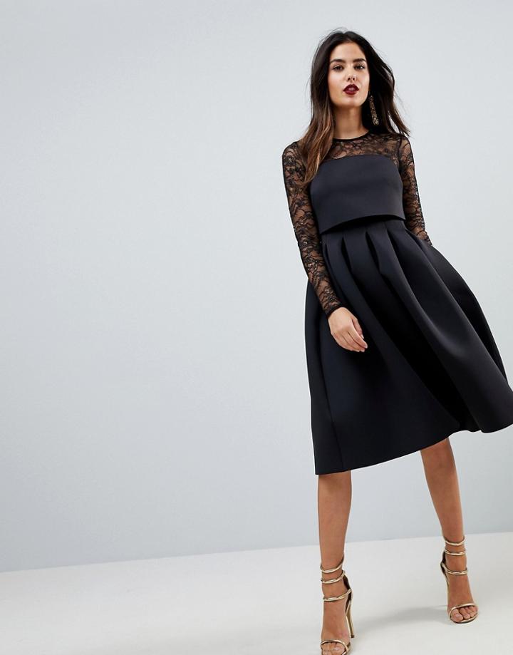 Asos Lace Long Sleeve Crop Top Prom Dress - Black